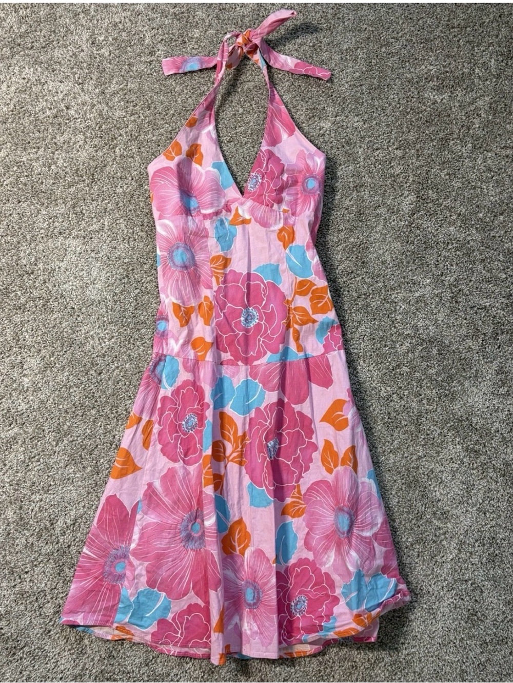 Larang Pink Floral Halter A-Line Knee Length Dress Back Zip Sleeveless Size S